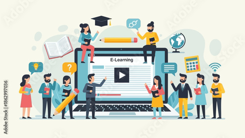 People interacting with a large digital screen displaying an e-learning video in a modern educational setting