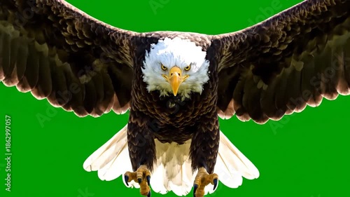 A majestic bald eagle in flight, soaring through the air with wings outstretched, showcasing its sharp talons and feathers.