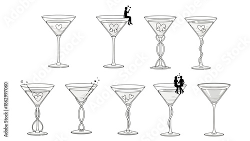 Elegant Martini Glasses with Heart Designs and Romantic Couple Silhouettes