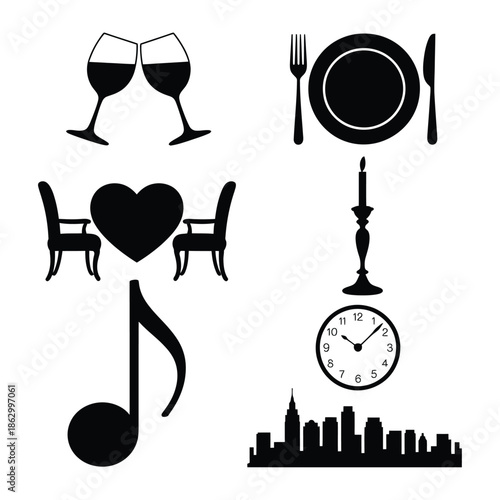 Valentine date night silhouette collection including wine glass pair, dinner plate with heart, chair couple symbol, candle stand, music note heart, clock time icon, city skyline heart, vector