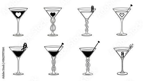 Collection of eight stylized martini glasses with various decorative elements, including hearts and silhouettes of couples.