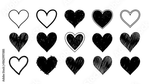 Collection of hand-drawn heart shapes, featuring various styles and designs, perfect for romantic or emotional themes.