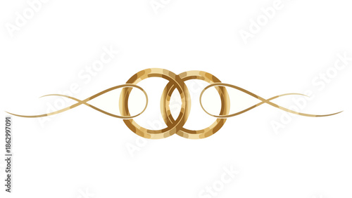 Elegant golden wedding rings intertwined with decorative swirls on a white background.