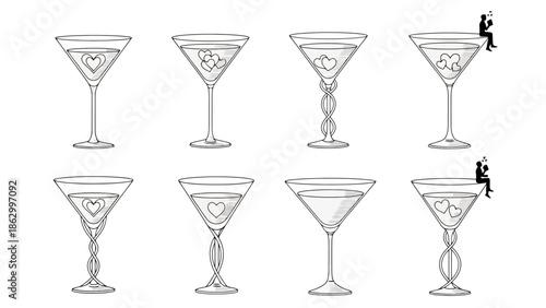 Set of elegant martini glasses with hearts and a person using a phone