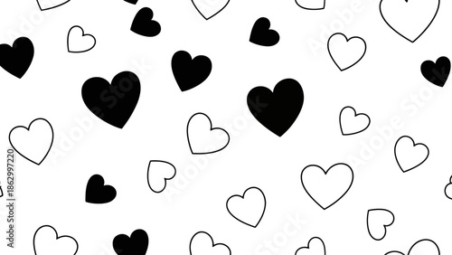 Black and white heart pattern background with various sized hearts.