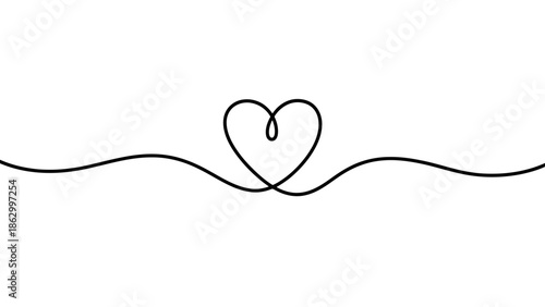 Minimalist line art of a heart shape connected to a continuous horizontal line, symbolizing love and connection.