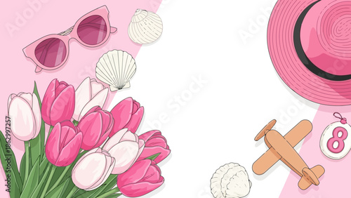 A delightful flat lay composition featuring a bouquet of pink tulips, sunglasses, seashells, and a toy airplane on a pink and white background, evoking a sense of summer vacation and springtime.