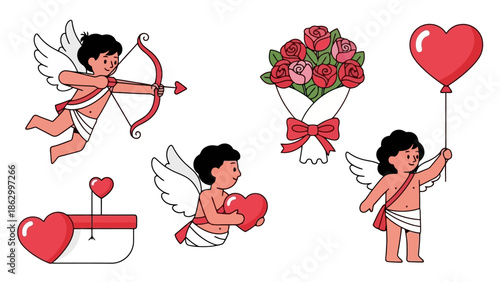 Valentine's Day themed illustration featuring cherubs, hearts, roses, and a bow and arrow.