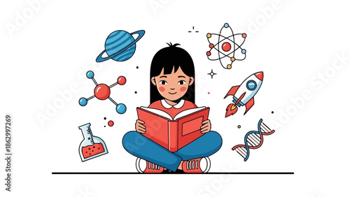 A young girl engrossed in reading a book, surrounded by various scientific symbols and objects representing knowledge and discovery.