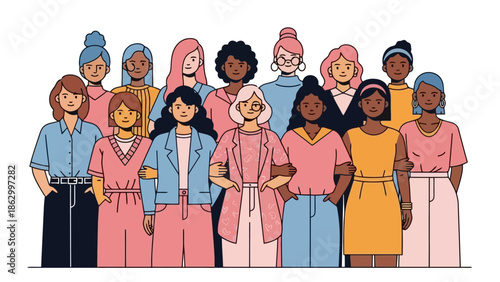 A diverse group of women of various ethnicities and ages stand together, showcasing unity and solidarity.