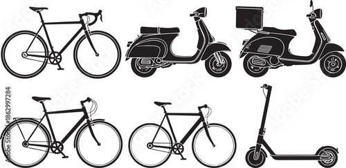 Diverse transport collection: showcasing bicycles, scooters and electric scooter illustrations, each a symbol of sustainable mobility and urban efficiency.