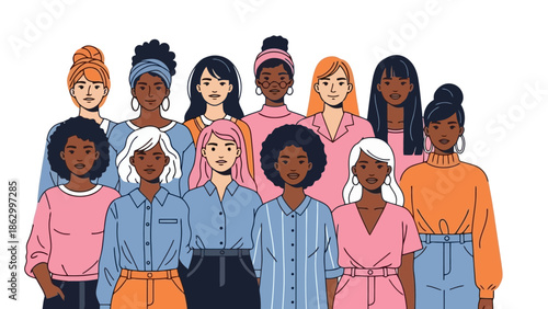 A diverse group of women of various ethnicities and ages stand together, showcasing unity and solidarity.