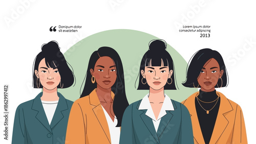 Four diverse women with serious expressions stand together, representing strength and unity.