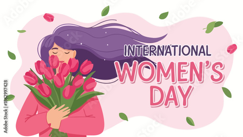 A woman with purple hair holding a bouquet of pink tulips, celebrating International Women's Day with falling petals and leaves.