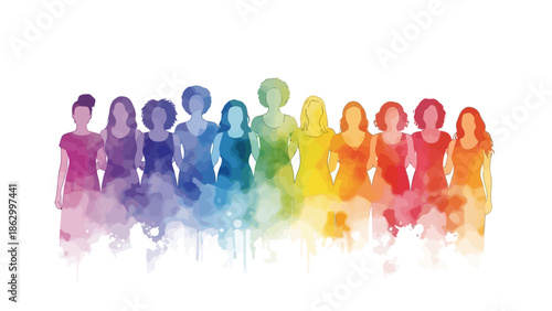 A vibrant watercolor illustration depicts a diverse group of women standing together, their figures rendered in a spectrum of rainbow colors.