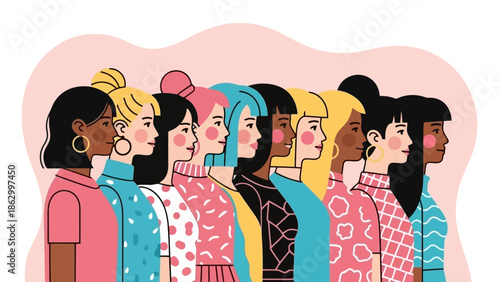 A diverse group of women standing side-by-side, showcasing different hairstyles, skin tones, and clothing styles.