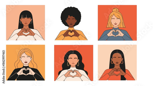 Six diverse women of different ethnicities and hair colors forming heart shapes with their hands over their chests, symbolizing love and unity.