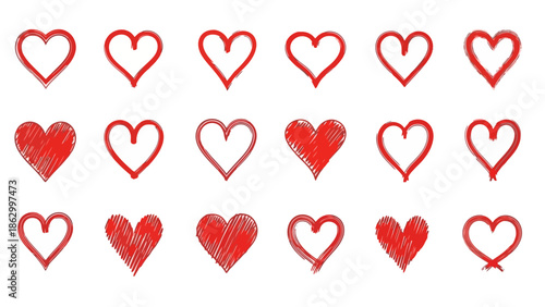 Collection of Hand-Drawn Red Heart Icons for Valentine's Day and Love Concepts