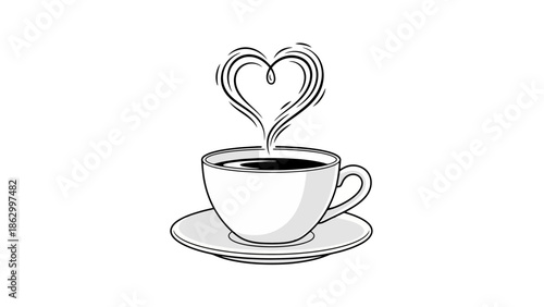 Heart Shaped Steam Rises From a Hot Coffee Cup on a Saucer, Vector Art