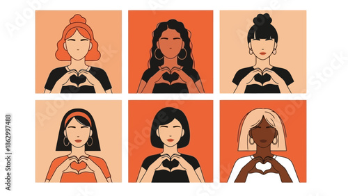 Diverse women of different ethnicities and hairstyles form hearts with their hands over their chests, symbolizing love and unity.