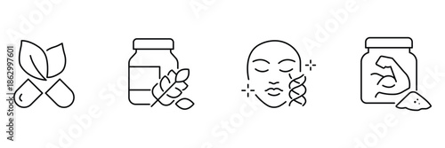 Beauty supplements icon set, herbal leaf capsule, grain seed jar, skincare DNA glowing face, protein powder muscle scoop illustration.