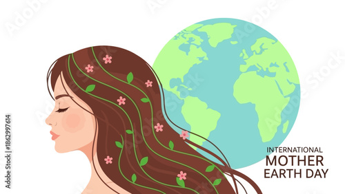 Illustration of a woman with flowers and vines in her hair, with the Earth in the background, celebrating International Mother Earth Day.