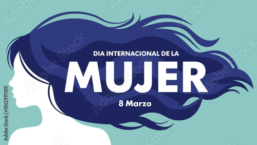 Illustration celebrating International Women's Day on March 8th, featuring a silhouette of a woman with flowing blue hair against a teal background.