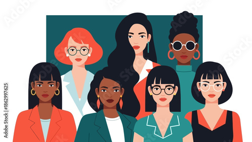 A diverse group of women with different hairstyles, skin tones, and glasses, standing together in a professional setting.