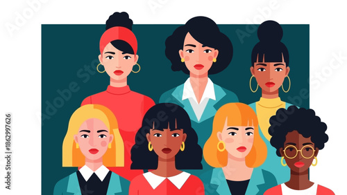 A diverse group of seven women with different skin tones, hair colors, and styles, standing together.