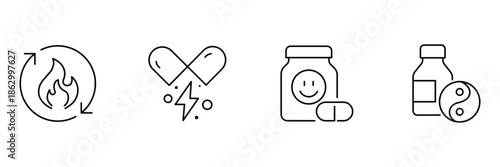 Vitality supplements icon set, metabolism fire cycle, energy pill bolt, happy mood jar, balance yin yang bottle illustration.