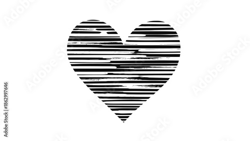 A black and white abstract heart shape with horizontal glitch lines.