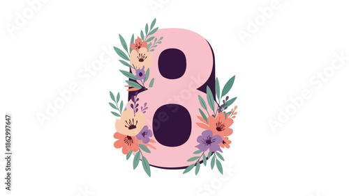 A stylized pink number 8 adorned with a beautiful arrangement of colorful flowers and green leaves.