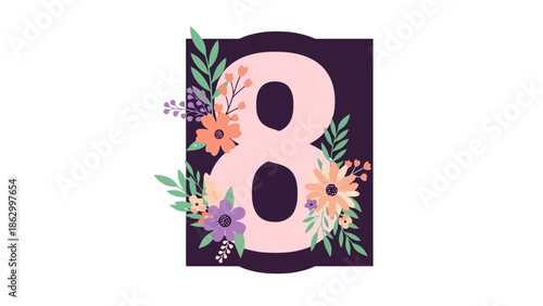 A large, stylized number 8 adorned with delicate flowers and leaves, set against a dark purple background.