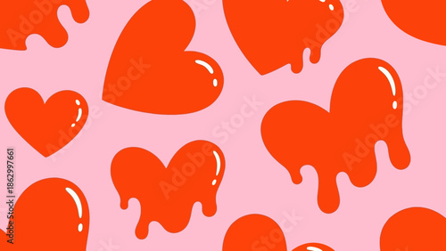 Seamless pattern of dripping red hearts on a pink background.