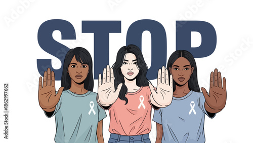 Three women of diverse ethnicities stand together with their hands raised in a stop gesture, advocating against violence.