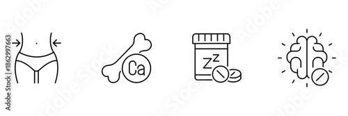 Health supplements icon set, slim waist, calcium bone pill, sleep aid tablet, brain boost pill illustration.
