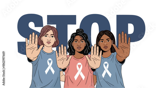 Three women of diverse ethnicities stand together with their hands raised in a stop gesture, advocating for an end to violence.