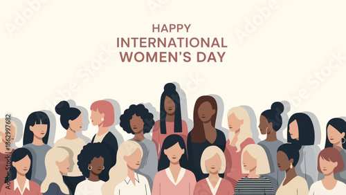 Diverse group of women of various ethnicities and hairstyles celebrating International Women's Day with a message of unity and empowerment.