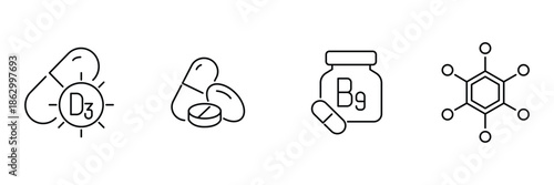 Supplements vitamin icon set, d3 capsule sun, mixed pills tablets, folate b9 bottle, chemical molecule structure illustration.