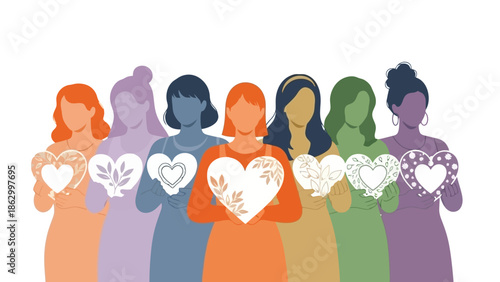 Diverse group of women holding decorative hearts, symbolizing love, unity, and support.