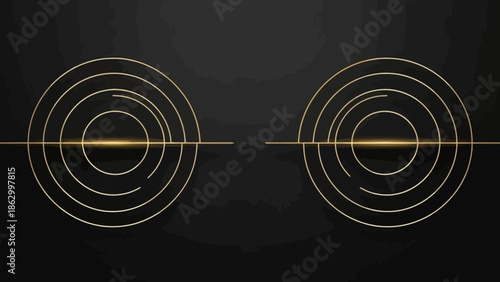 Abstract golden concentric circles with a horizontal golden line intersecting them, set against a dark background.