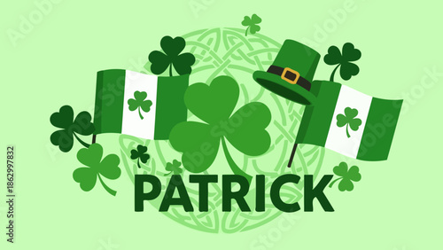 St. Patrick's Day celebration with shamrocks, Irish flags, and a green hat.