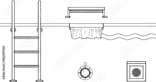 An overhead schematic illustration reveals swimming pool's essential fixtures and structures, a detailed view of the water's edge showing essential components.