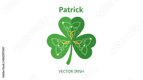 A vibrant green shamrock with intricate Celtic knot designs and the word "Patrick" above it, symbolizing Irish heritage.