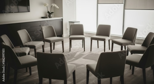 Chairs arranged in a circle in a modern meeting room with window and details, for counseling session.