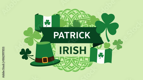 St. Patrick's Day celebration with Irish flags, shamrocks, and a leprechaun hat on a green background.
