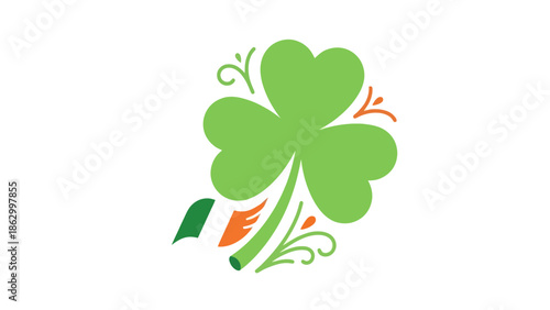 A vibrant green shamrock with decorative swirls and Irish flag colors, symbolizing luck and Irish heritage.