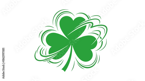 A vibrant green shamrock with swirling lines emanating from its leaves, symbolizing luck and Irish heritage.