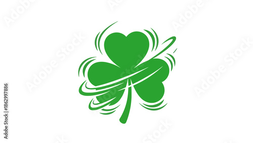 A vibrant green shamrock with swirling lines suggesting motion or energy, set against a clean white background.