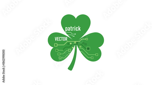 A green shamrock with integrated circuit board patterns and the words 'patrick' and 'vector' printed on it, symbolizing technology and Irish heritage.